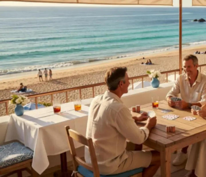 Bright coastal lounge terrace with guests enjoying card play at a teak poker table