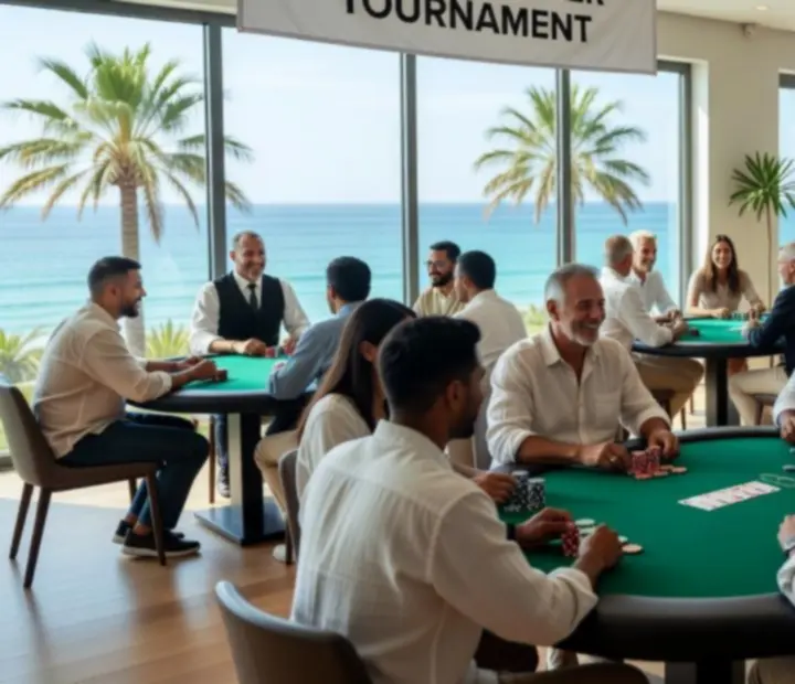 Charity card lounge event with players and custom tournament chips in a coastal setting.