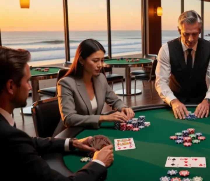 Guests gathered around poker tables with colourful tournament chips during a Coastal Chip League night at The House & Hearth