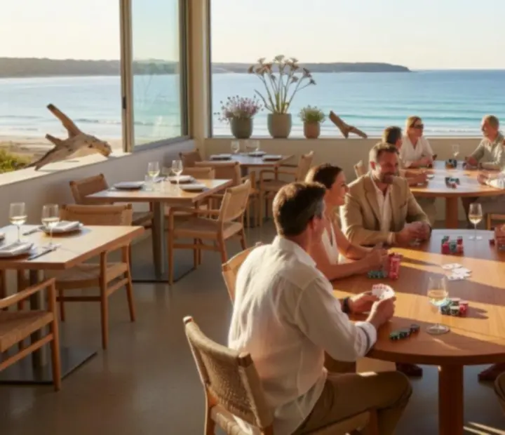 Coastal breeze card lounge with outdoor poker tables overlooking the Gold Coast ocean.
