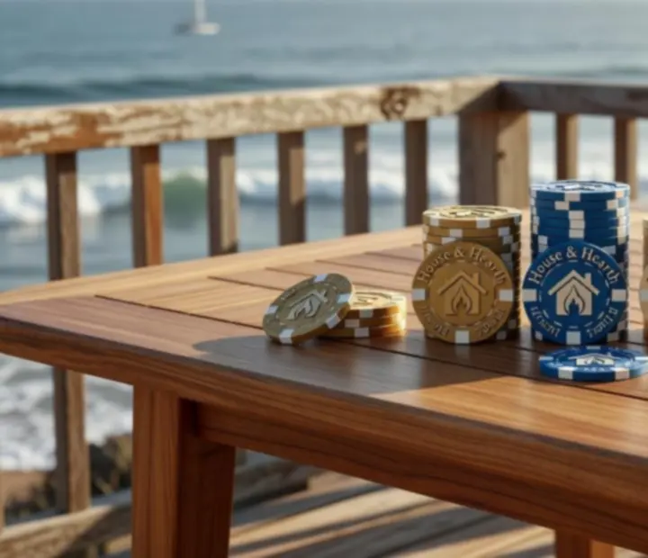Custom coastal poker chip set neatly stacked beside outdoor poker tables at The House & Hearth