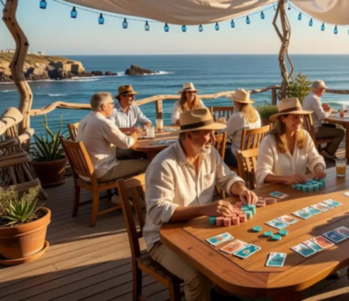 Open-air coastal offline poker lounge with outdoor poker tables and custom chips