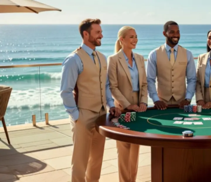 Friendly coastal poker hosts and croupiers standing beside a poker table in a bright lounge.