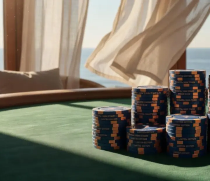 Custom coastal tournament poker chips arranged on an outdoor poker table.