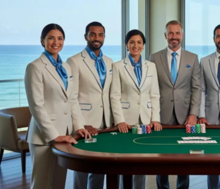 Croupier team welcoming guests in a bright coastal card lounge