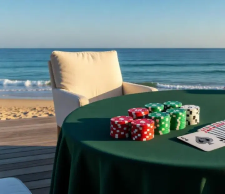 Outdoor poker tables on a sunlit terrace overlooking the ocean
