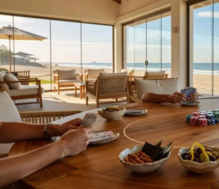 Light snacks and bowls arranged beside a teak poker table with tournament chips.