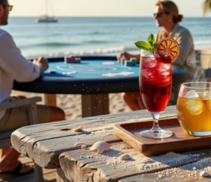 Assortment of non-alcoholic cocktails and teas on a low table beside a poker layout.