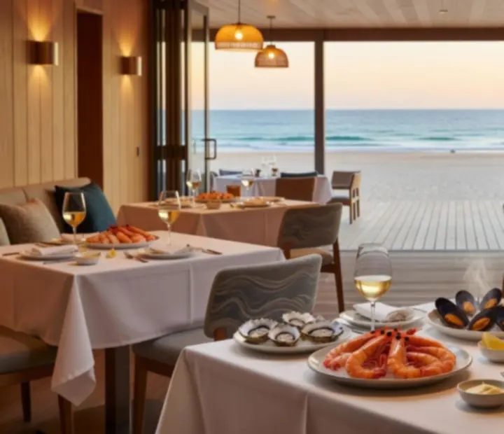 Seasonal seafood dining plates arranged in a light coastal restaurant lounge.