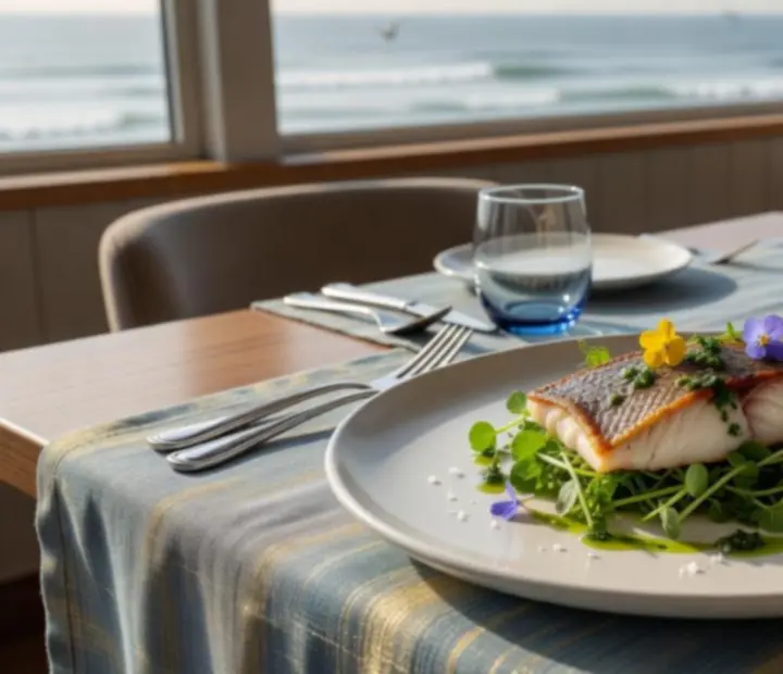 Signature seafood dish plated with herbs and citrus on a light coastal table setting.