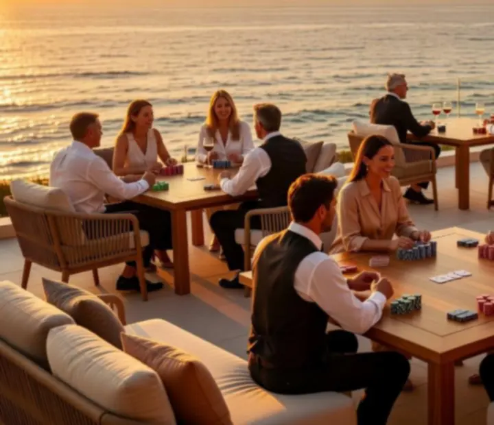 Guests gathered around outdoor poker tables at sunset on a coastal terrace.